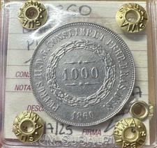 MONETA BRASILE PIETRO II 1000 REIS 1860 12,65 gr ARGENTO 917 sigillata qSPL