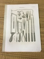 STAMPA INCISIONE 1843 ATTREZZI CHIRURGIA MEDICINA SEGA COLTELLI AMPUTAZIONE ARTI