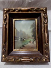 quadro olio miniatura e cornice d'arte in oro scuro anticato e intagliata a mano