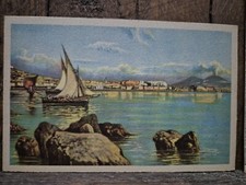 NAPOLI PANORAMA DA MARGELLINA CARTOLINA NV PITTORE CARELLI ACQUERELLO BARCHE- M1