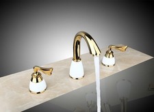 Rubinetto miscelatore lavabo bagno oro doppia maniglia 3 fori lavabo da appoggio ta↑
