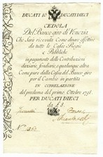 10 DUCATI CEDOLA BANCO GIRO DI VENEZIA 01/10/1798 SPL+