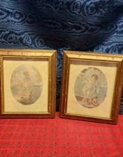 Coppia Quadri Litografie Angioletti Putti Cornici D'epoca In Legno 