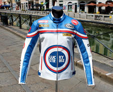 Giubbotto pelle moto vintage Lucky strike bianco blu taglia L