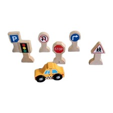 Lotto 6 Segnali Legno + Macchina Taxi Giocattolo Educativo Bambini Tbe