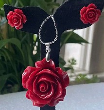 Parure collana orecchini vero corallo rosso con GARANZIA intagliato a rosa NUOVA