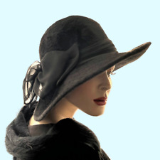 Cappello nero vintage Charter Fedora cappello grande chiffon fiocco e sciarpa con frange