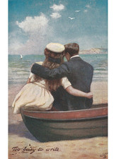 Non Viaggiata antica cartolina coppia innamorati abbracciati mare orizzonte