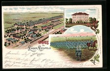 Litografia Lager-Lechfeld, Soldati in marcia, Baracca-Campo dell'Uccellino 