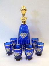 Bicchiere liquore grappa sherry set servizio caraffa 6 bicchieri blu oro Boemia Murano