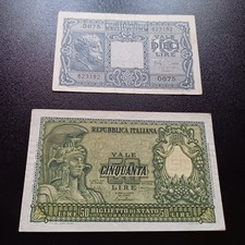 Vecchie Banconote Italiane 50 Lire 1951 + 10 Lire Giove 1944 Lotto C43 