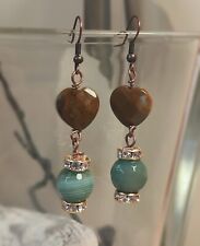 Orecchini donna lunghi rame pietre cuore opale agata verde handmade