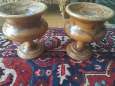 Coppia di grandi vasi in legno pieno intarsiati vintage antichi rari