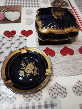 Portagioie Cofanetto E Posacenere Limoges Blu Cobalto E Oro Vintage 