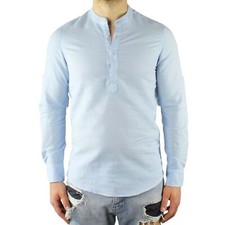 Men's Korean Collar Linen Blue