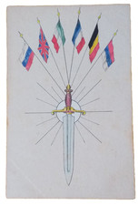 PRIMA GUERRA CART.DISEGNATA A MANO BANDIERE INTESA SPADA PUGNALE WW1 WWI