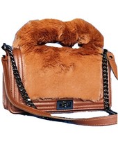 Borsa Borsetta Donna Vera Pelle Cuoio Cognac Pelliccia Piccola tracolla catena