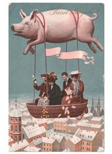 nave mongolfiera maiale antica cartolina Buon Anno Prosit Neujahr