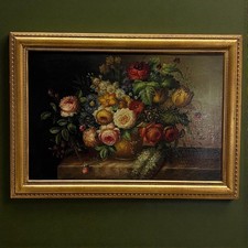 Quadro dipinto a olio su Tela 900 Stile Antico Natura Morta Fiori cornice oro