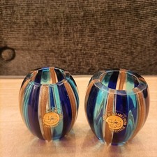 2 Porta Tovaglioli In Vetro Soffiato Di Murano Con Decori Oro Cm 6 Vintage