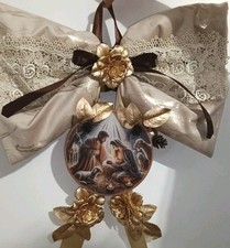 Ghirlanda Beige E Oro Natalizia A Mano,?Fiocco Cm 46 Lungh E Larghezza Cm 50