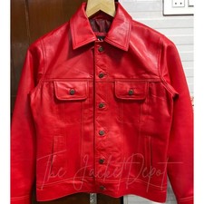 Men’s Red Lambskin Leather Jacket | Trucker Biker Denim Style Shirt Coat