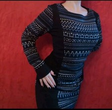 Vestito Trussardi XL 46 nero blu bianco fantasia Geometrico maniche lunghe donna