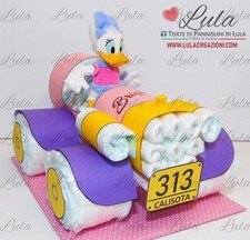 Torta Pannolini macchina Paperina con nome, nascita battesimo baby shower bimba