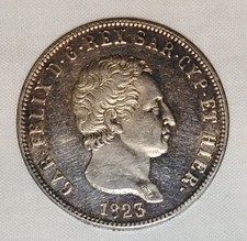 REGNO SARTEGNA CARLO FELICE 5 LIRE 1823 ARG. 800 gr. 22 - 37.. RICONIO DA STUDIO