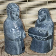 X2 Canadian Inuit Soapstone Carved Figures Mary & Joseph Nativity H 13cm