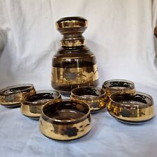 Vecchia Bottiglia Vintage Vetro Decori Oro per Frutta sottospirito E 6 Bicchieri