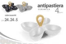 Antipastiera Vassoio in Ceramica con Manico in Legno 4 Scomparti 24 cm 3 Colori