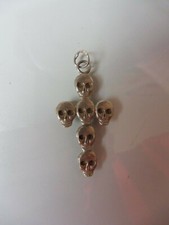 Bel Vecchio Ciondolo A Catena, Croce Con Teschi, 835 Argento