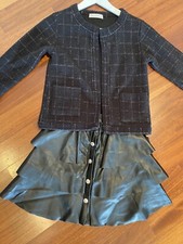 Junior Completo Bambina 10-12 Anni Giacchina Tweed + Gonna Ecopelle Nera 2 Pezzi