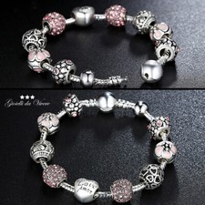BRACCIALE IN ARGENTO 925 CHARMS PLACCATO PIETRE ROSA DONNA FIORE CUORE AMOUR ox