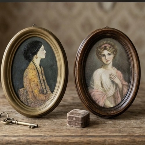 Coppia ritratti miniatura olio - coppia,
