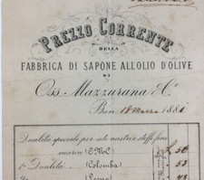 PUGLIA-BARI-ANTICA PUBBLICITARIA-MAZZURANA-SAPONIFICIO-OLIO D'OLIVA-1881-RARITA'