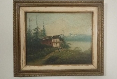 Vecchio dipinto olio tavola - su,