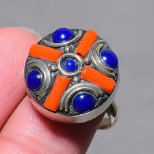 Anello regolabile nepalese gioielli bohemien fatti a mano corallo rosso lapis...