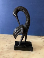 VINTAGE SCULTURA LEGNO INTAGLIATO CICOGNA UCCELLO FIRMATO F- BIENéMé