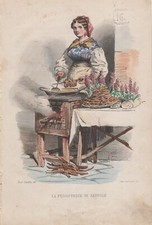 T. Duclere La friggitrice di zeppole 1853 De Bourcard bulino acquarellato