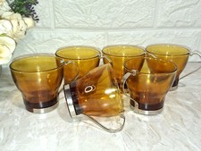 VINTAGE SET SEI TAZZINE VETRO AMBRA AMBRATO GIALLO Manico Metallo Diam6,5h6