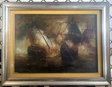 GRANDE DIPINTO QUADRO OLIO VELIERI GALEONI BATTAGLIA RELITTI  arte berti firmato
