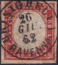 IV emissione c.40 rosso vermiglio 62 usato Brisighella/Ravenna (16Da, p. 7).