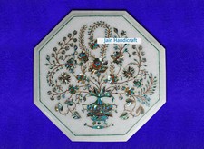 Tavolo in marmo bianco antico 18" ottagonale angolo centrale intarsio malachite oh2