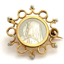 Spilla ORO GIALLO 18 kt 750 e Madre di PERLA Vergine Maria Madonna Vintage Italia