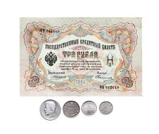 RUSSIA IMPERIALE LOTTO 3 RUBLI DI CARTA1905 + 4 MONETE (KOPEKS) DA COLLEZIONE