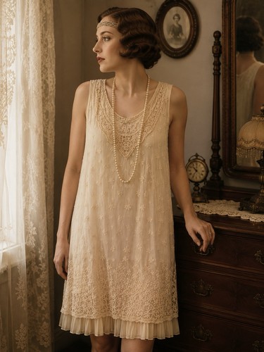 Ivory lace flapper - flapper, dress