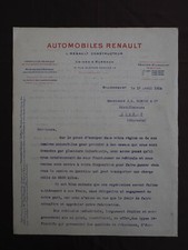 Lettre Dactylographiée AUTOMOBILES LOUIS RENAULT à COGNAC MONNET. Avril 1914 TBE
