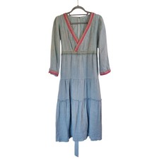 Maxi abito boho 120% lino Paris blu ricamato a strati prateria, taglia media